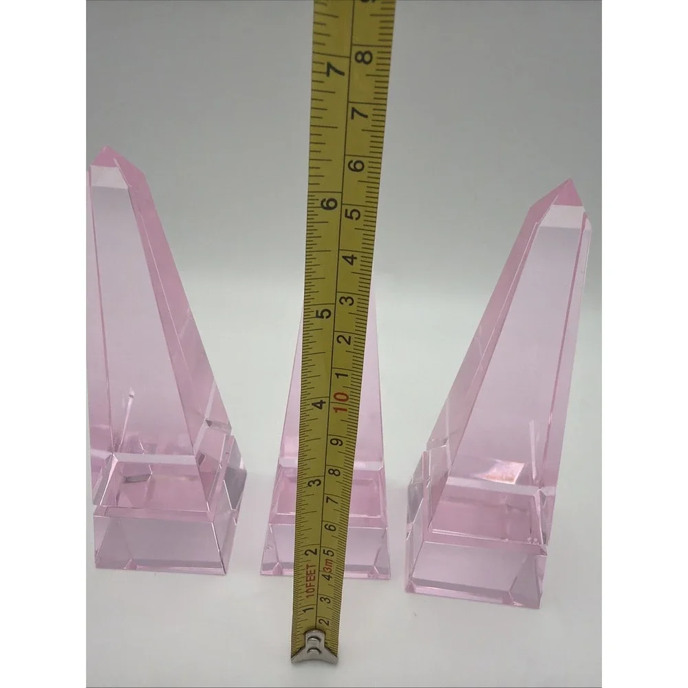Set of 3 Pink Lucite Acrylic Obelisk Display Stands Art Deco Geometric 7